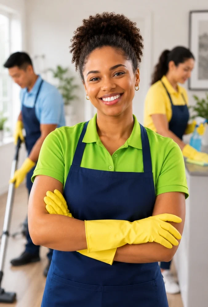 lady in cleaning wear facing the camera smiling