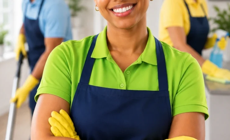 lady in cleaning wear facing the camera smiling
